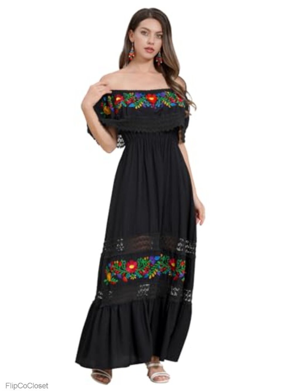 Off Shoulder Floral Embroidered Long Maxi Dress Summer Beach Party